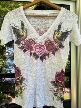 Sinful White burn out V-Neck Tee with Pink Rose & Bird Heart Graphic